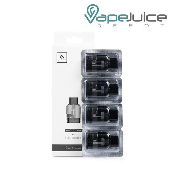 4pcs of 2ml 0.8ohm GeekVape Wenax K1 Replacement Pods and a box next to them - Vape Juice Depot
