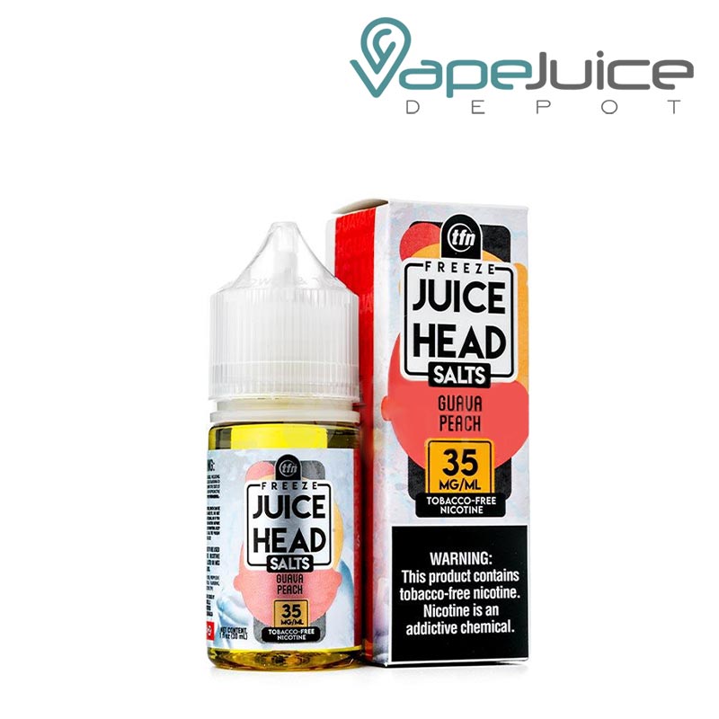 A 30ml bottle of Guava Peach TFN Salts Juice Head Freeze and a box with a warning sign next to it - Vape Juice Depot