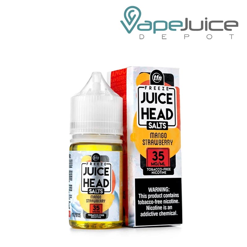 A 30ml bottle of Mango Strawberry TFN Salts Juice Head Freeze and a box with a warning sign next to it - Vape Juice Depot