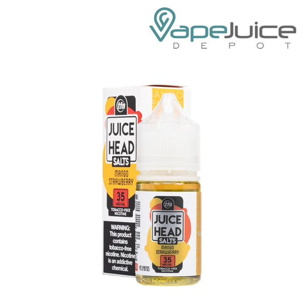 A box of Mango Strawberry TFN Salts Juice Head with a warning sign and a 30ml bottle next to it - Vape Juice Depot