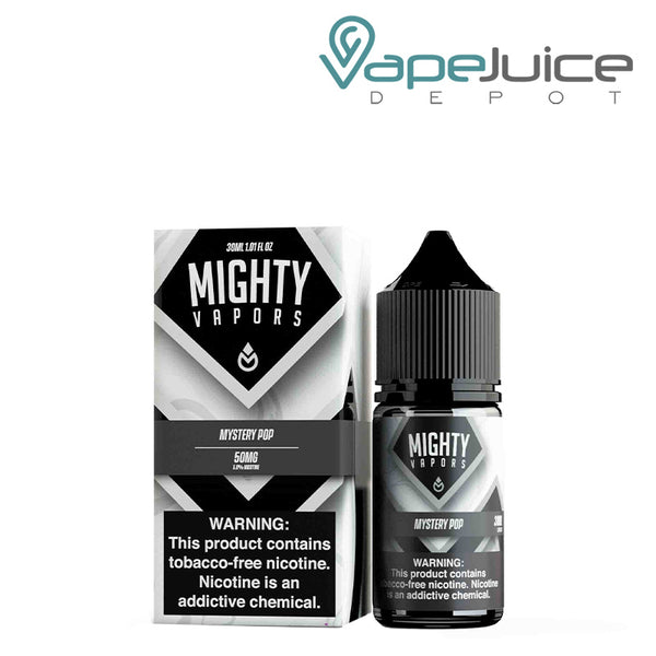 A box of Mystery POP TFN Salts Mighty Vapors with a warning sign and a 30ml bottle next to it - Vape Juice Depot