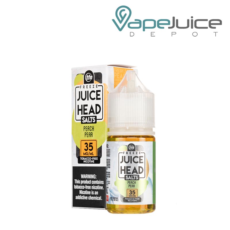 A box of Peach Pear TFN Salts Juice Head Freeze with a warning sign and a 30ml bottle next to it - Vape Juice Depot