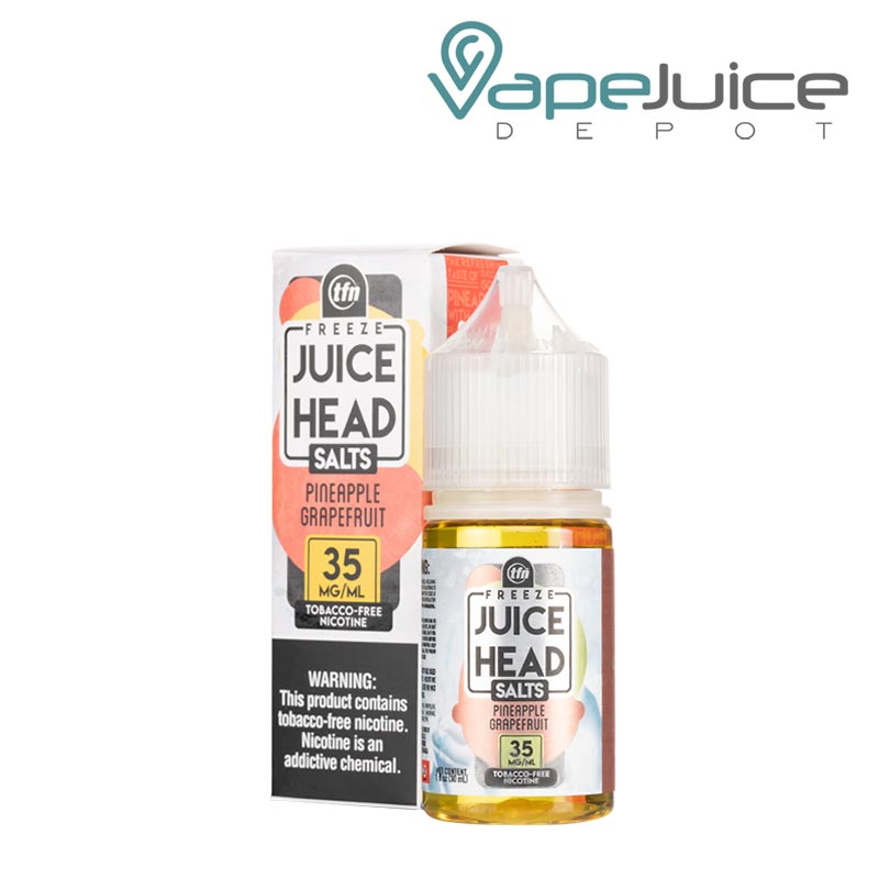 A box of Pineapple Grapefruit TFN Salts Juice Head Freeze with a warning sign and a 30ml bottle next to it - Vape Juice Depot