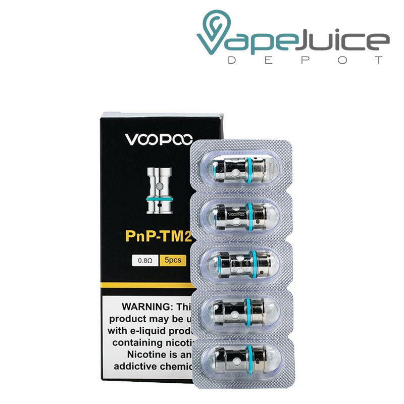 A box of VooPoo PnP-TM2 Replacement Coils with a warning sign and a 5-pack next to it - Vape Juice Depot
