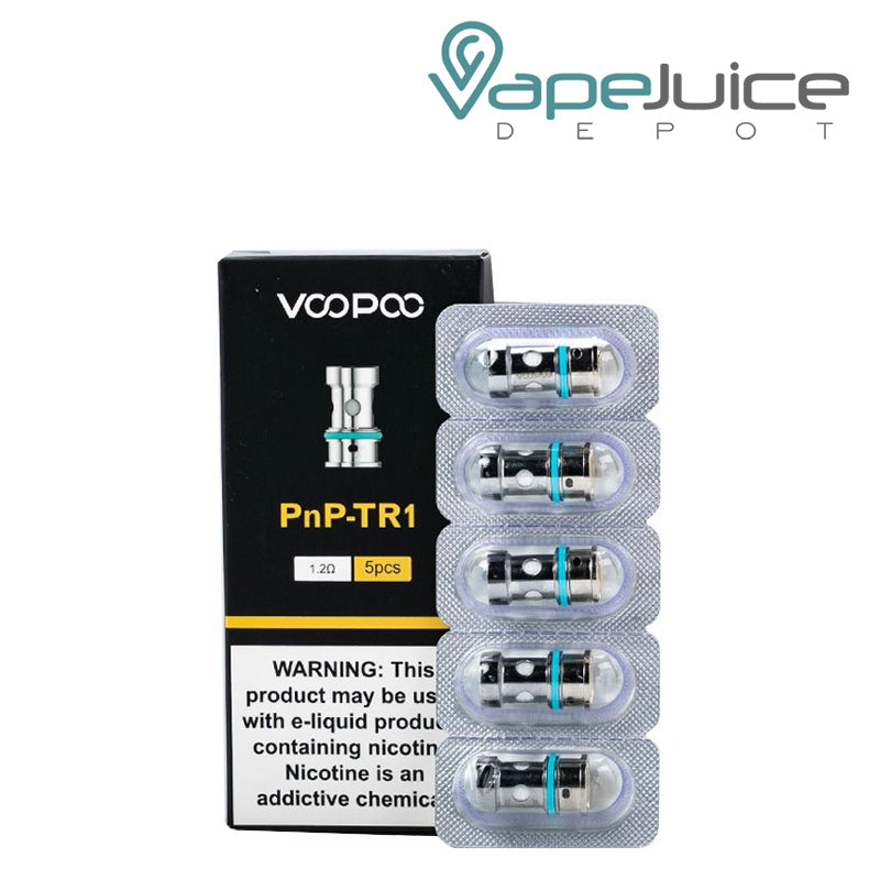 A box of VooPoo PnP-TR1 Replacement Coils with a warning sign and a 5-pack next to it - Vape Juice Depot