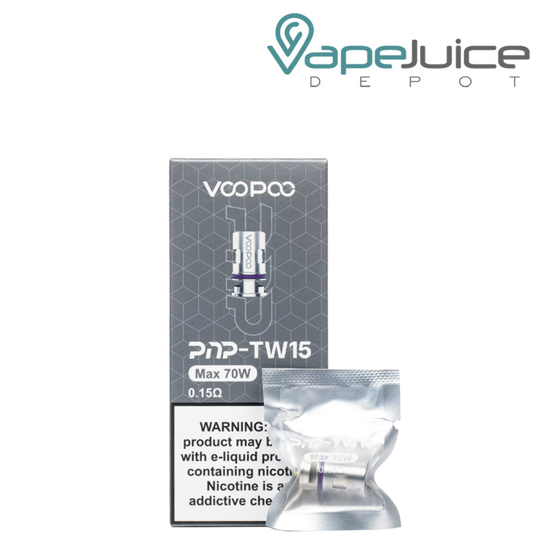 A box of VooPoo PnP-TW15 Replacement Coils with a warning sign and a coil in a pack next to it - Vape Juice Depot