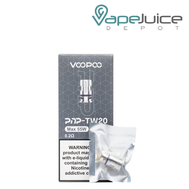 A box of VooPoo PnP-TW20 Replacement Coils with a warning sign and a coil in a pack next to it - Vape Juice Depot