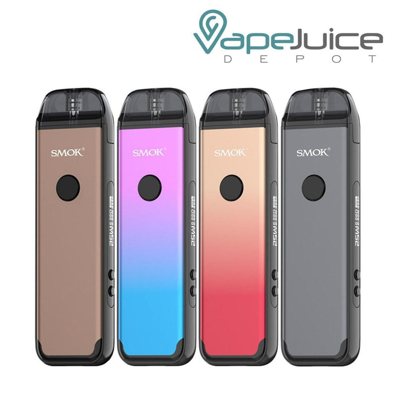 Four SMOK ACRO 25W Pod System Kits with a button on front and two adjustable buttons on side - Vape Juice Depot