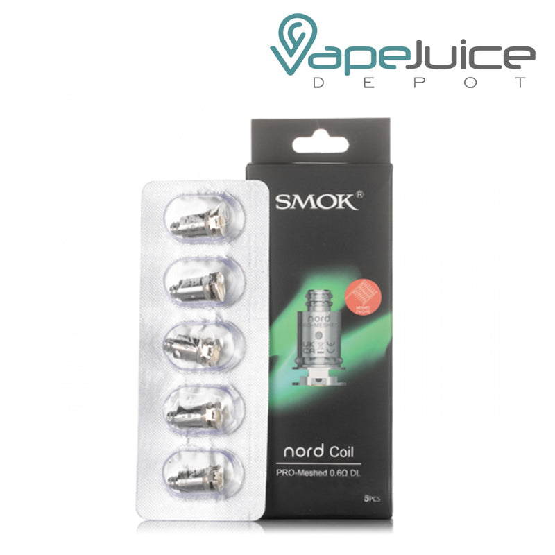 A five pack 0.6ohm SMOK NORD Pro Replacement Coils and it's box next to it - Vape Juice Depot