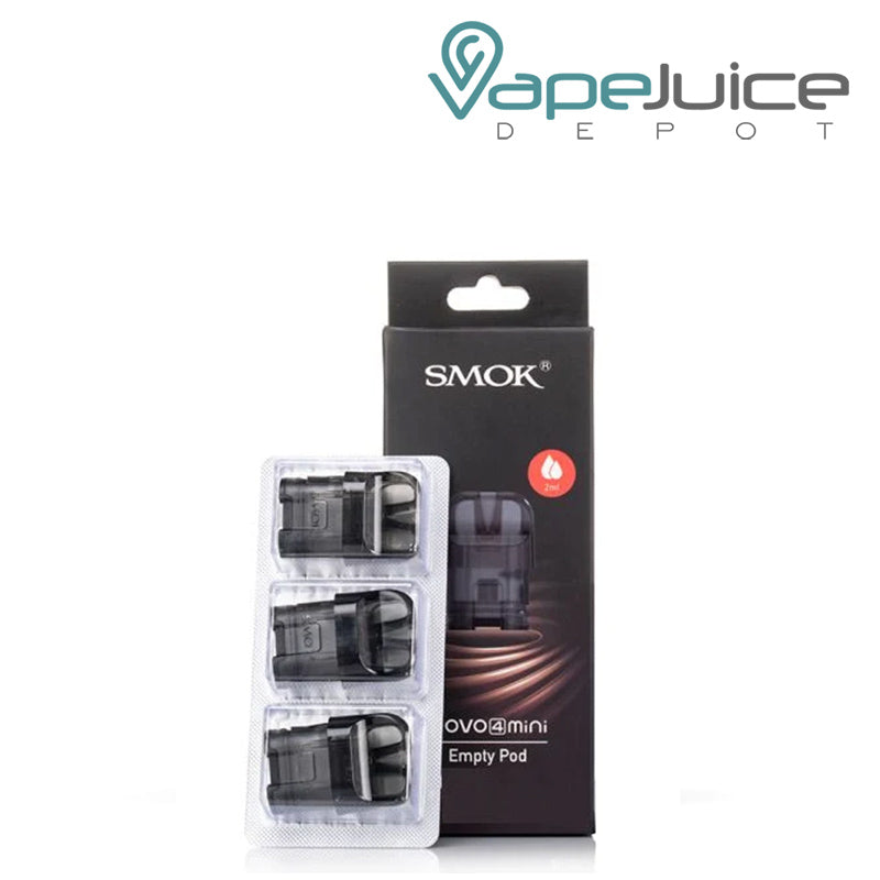 A three pack SMOK Novo 4 Mini Replacement Pods and a box next to it - Vape Juice Depot