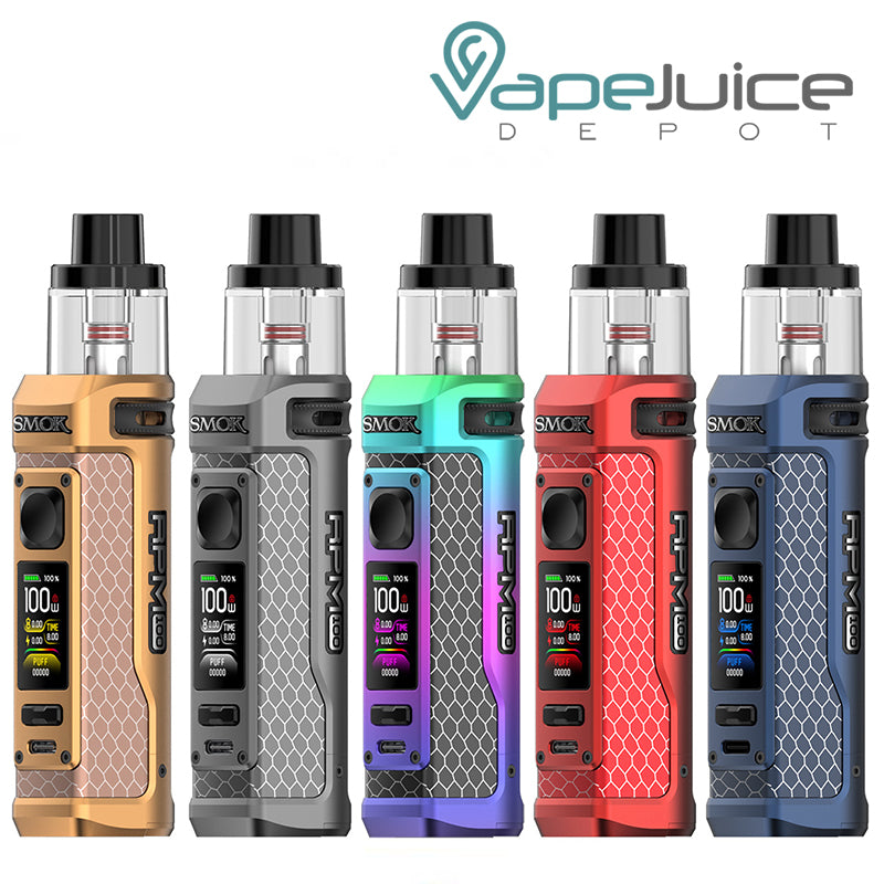 Five colors of SMOK RPM 100 Pod Mod Kit with display screen and firing button - Vape Juice Depot