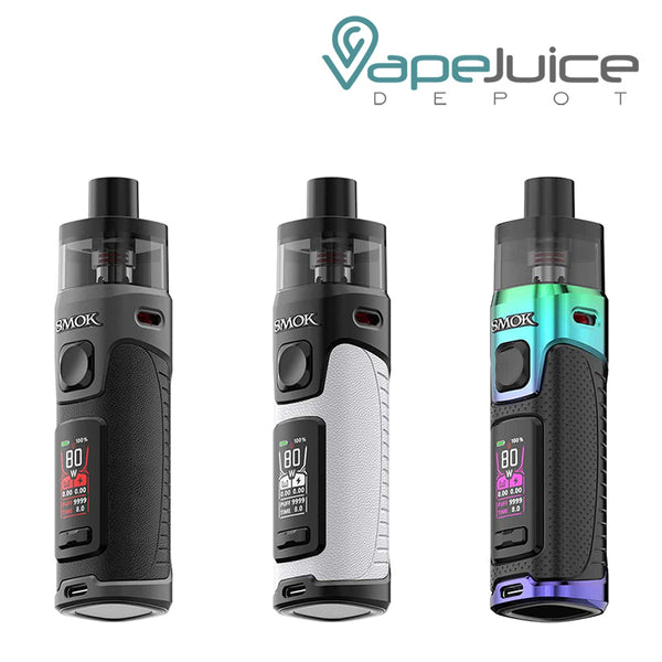 Three colors of SMOK RPM 5 Pod Kit with a firing button two adjustment buttons and a display screen - Vape Juice Depot