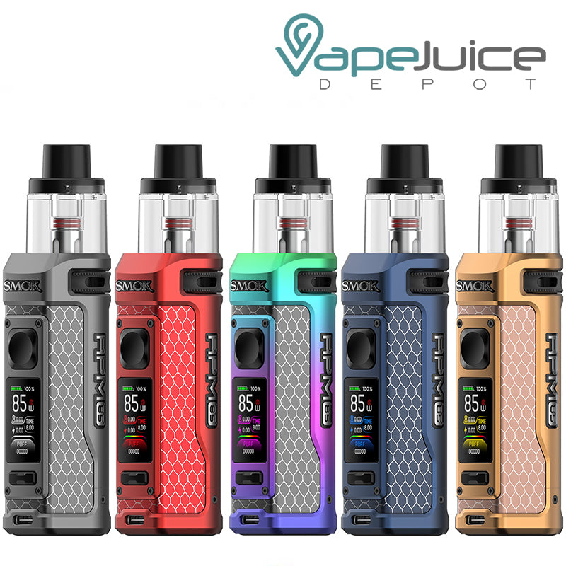 Five colors of SMOK RPM 85 Pod Mod Kit with TFT display and firing button - Vape Juice Depot