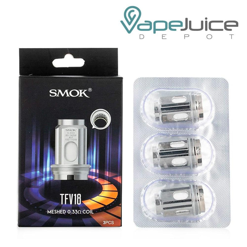 A box of SMOK TFV18 Replacement Coils and three separate mesh 0.33ohm coils on the right - Vape Juice Depot