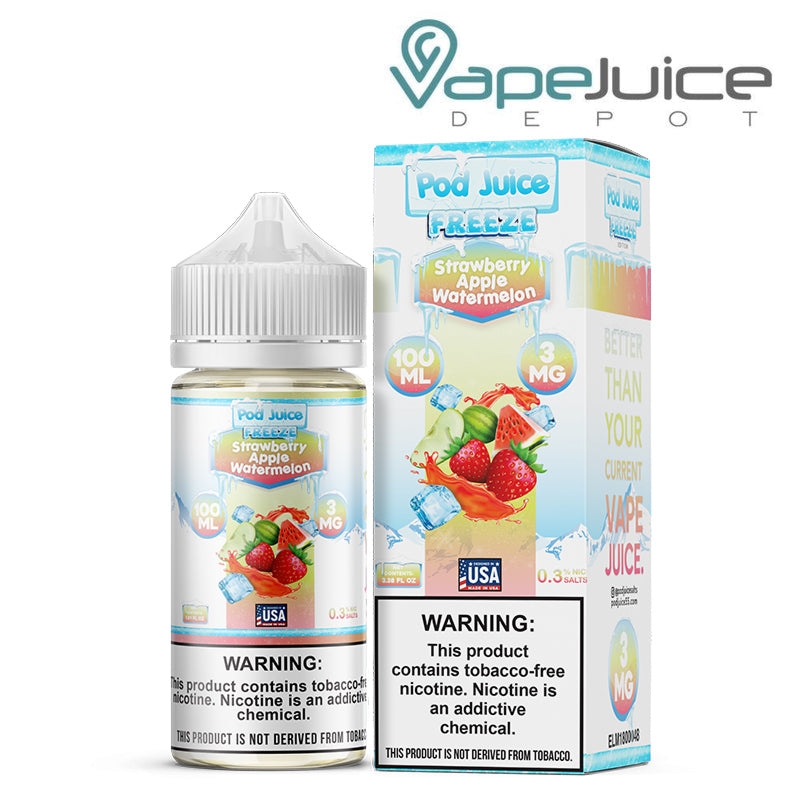 A 100ml bottle of Strawberry Apple Watermelon Freeze Pod Juice TFN with a warning sign and a box next to it - Vape Juice Depot