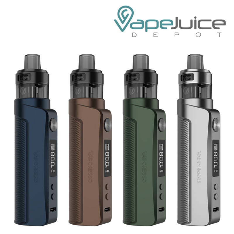 4 colors of Vaporesso GEN PT80 S Kit with adjustment buttons and display screen - Vape Juice Depot