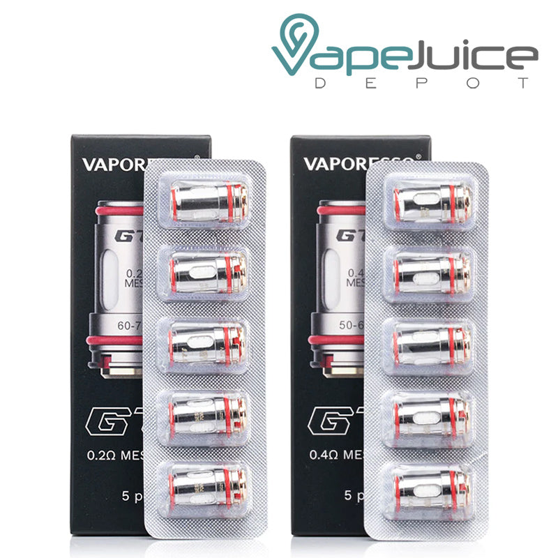 Two boxes of Vaporesso GTi Replacement Coils and 5 pack coils next to them - Vape Juice Depot