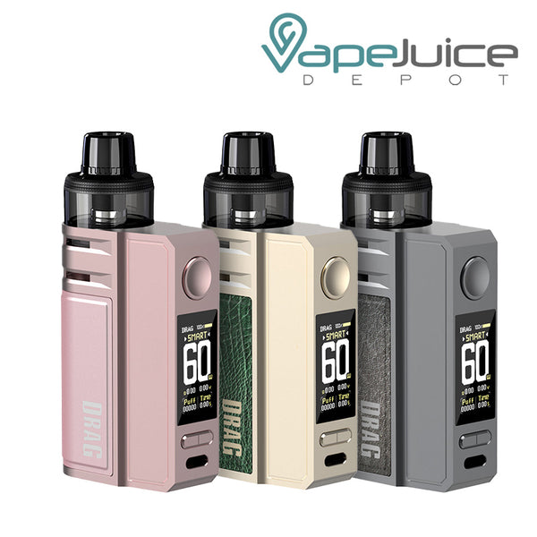 Three colors of VooPoo DRAG E60 Pod Kit with TFT color screen and adjustment buttons - Vape Juice Depot