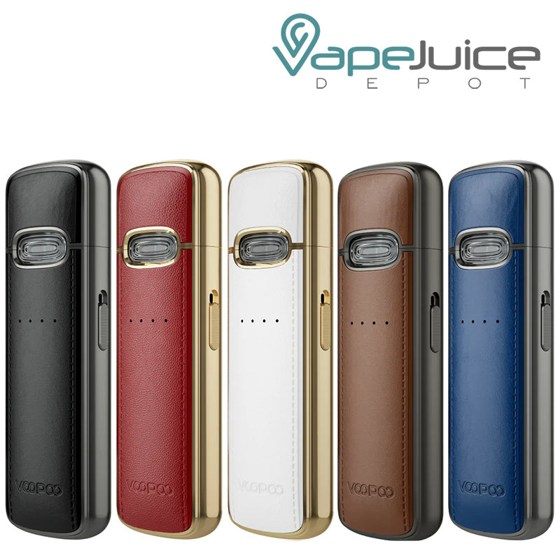 Five colors of VooPoo VMate E Pod Kit with adjustment button - Vape Juice Depot