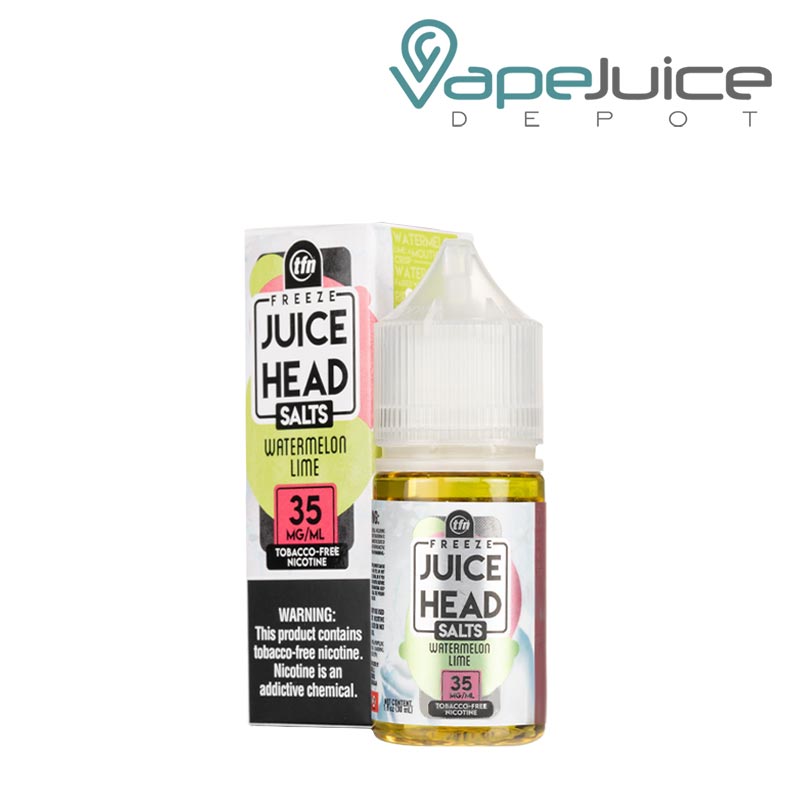 A box of Watermelon Lime TFN Salts Juice Head Freeze with a warning sign and a 30ml bottle next to it - Vape Juice Depot