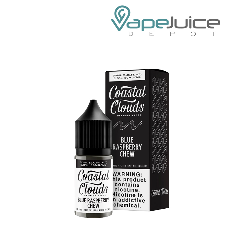 A 30ml bottle of Blue Raspberry Chew Coastal Clouds Salts and a box with a warning sign next to it - Vape Juice Depot