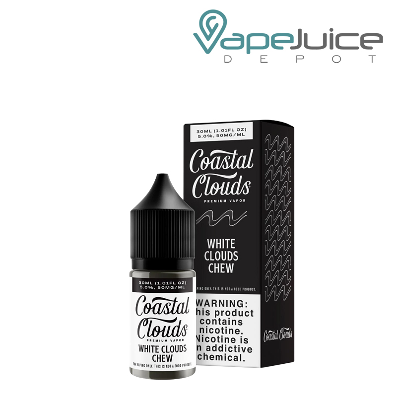 A 30ml bottle of White Clouds Chew Coastal Clouds Salts and a box with a warning sign next to it - Vape Juice Depot