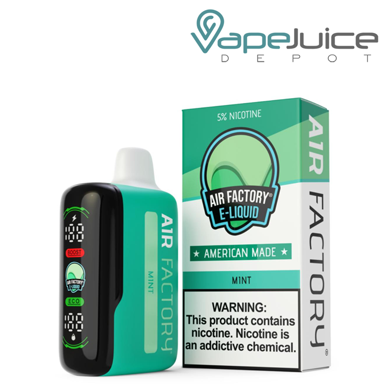 A Mint Air Factory 20K Disposable with a Led screen and a box with a warning sign next to it - Vape Juice Depot