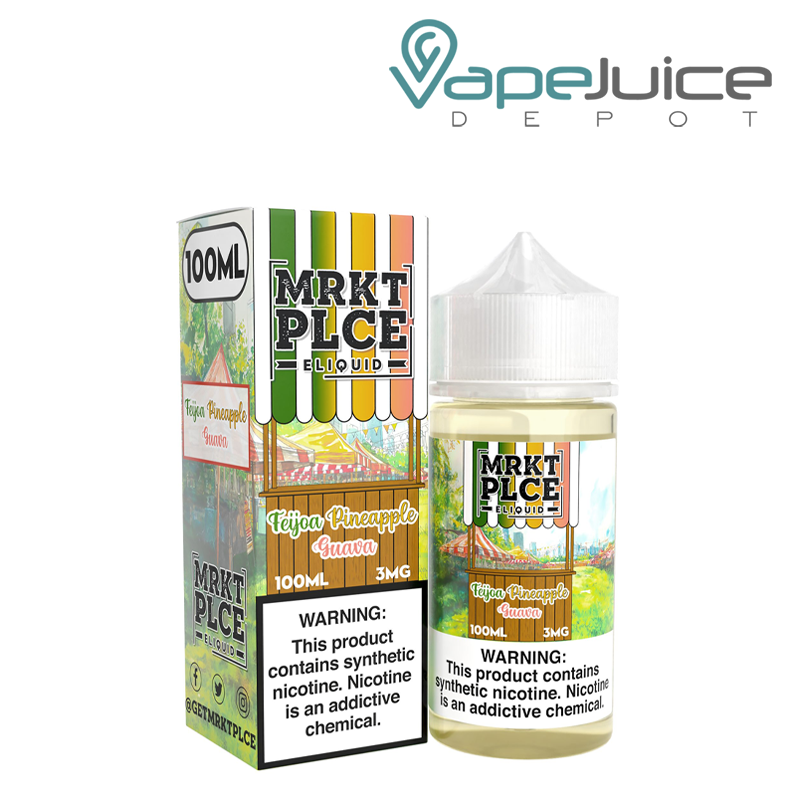 A Box of Feijoa Pineappke Guava MRKTPLCE with a warning sign and a 100ml bottle next to it - Vape Juice Depot