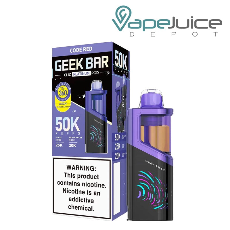 A box of Code Red Geek Bar Clio Platinum 50K Disposable Pod with a warning sign and a single pre-filled pod next to it - Vape Juice Depot
