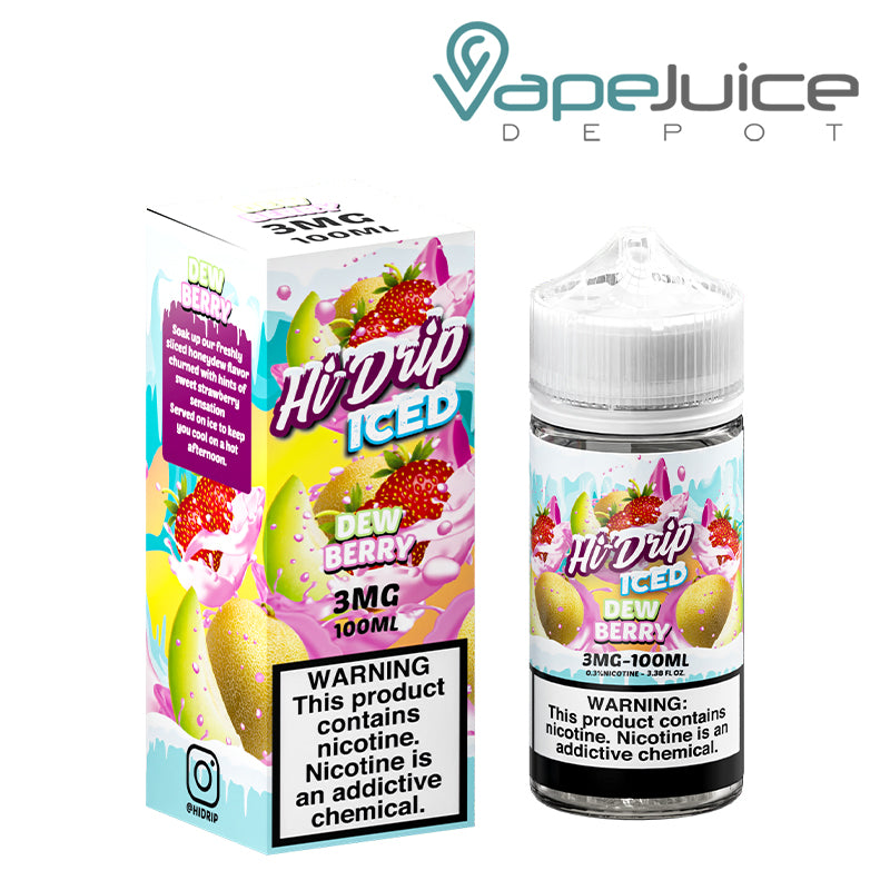 A box of ICED Dewberry Hi-Drip eLiquid  3mg and a 100ml bottle with a warning sign next to it - Vape Juice Depot
