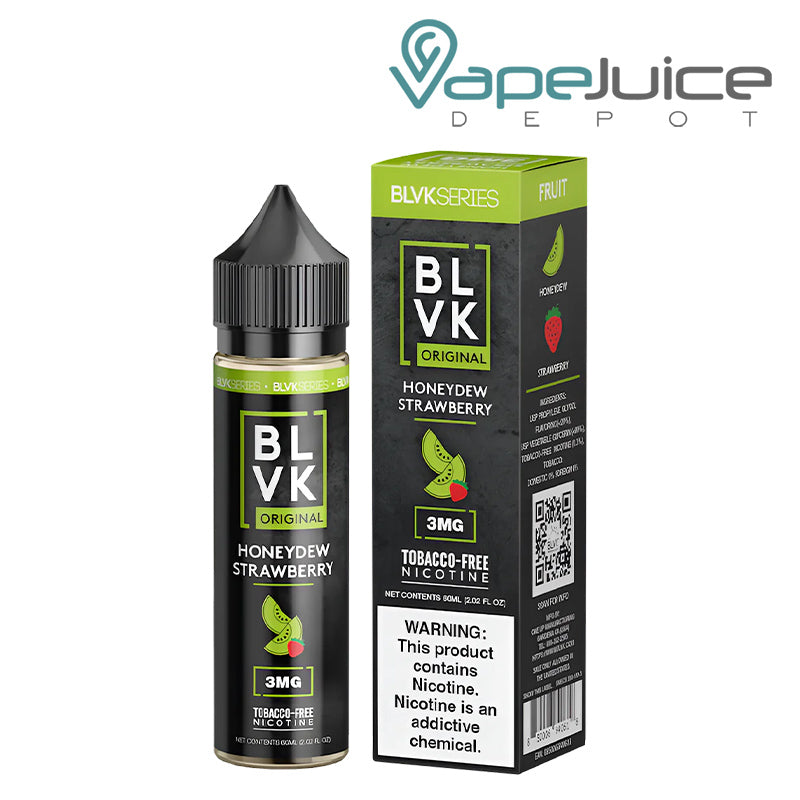 A 60ml bottle of Honeydew Strawberry BLVK Unicorn and a box with a warning sign next to it - Vape Juice Depot