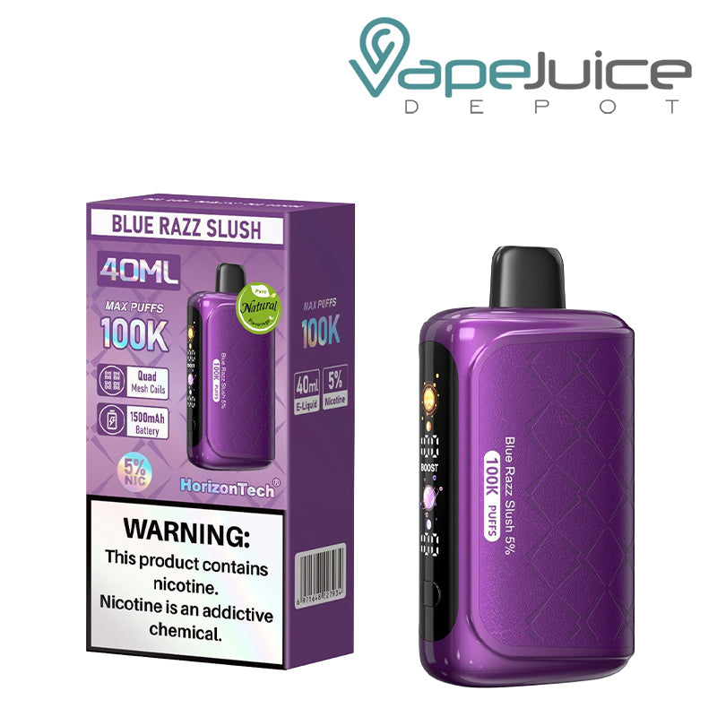 A Box of Blue Razz Slush Horizontech 100K Puff Disposable with a warning sign and a disposable with display screen next to it - Vape Juice Depot