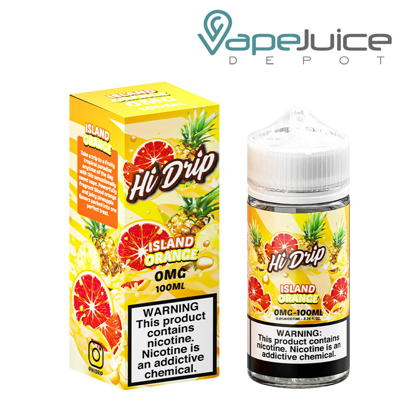 A box of 0mg Island Orange Hi-Drip eLiquid with a warning sign and a 100ml bottle next to it - Vape Juice Depot