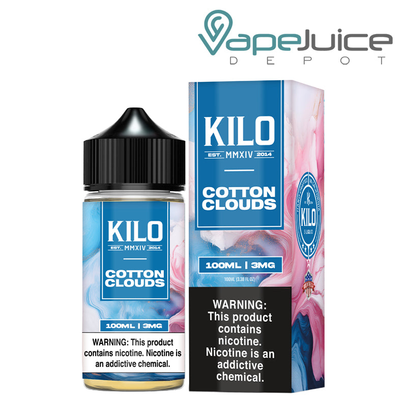 A 100ml bottle of Cotton Clouds KILO and a box with a warning sign next to it - Vape Juice Depot