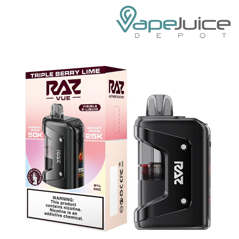 A Box of Triple Berry Lime RAZ Vue 50K Disposable Kit with a warning sign and a device next to it - Vape Juice Depot