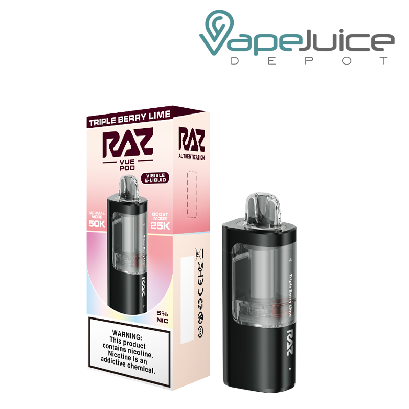 A Box of Triple Berry Lime RAZ Vue 50K Disposable Pod with a warning sign and a pod next to it - Vape Juice Depot