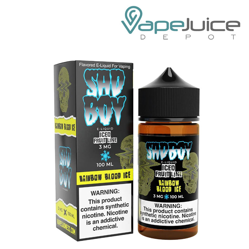 A box of Rainbow Blood Ice SadBoy eLiquid with a warning sign and a 100ml bottle next to it - Vape Juice Depot