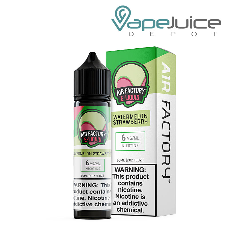 A 60ml bottle of Watermelon Strawberry Air Factory 6mg and a box with a warning sign next to it - Vape Juice Depot