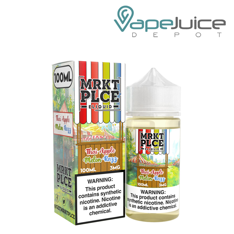 A Box of Thai Apple Melon Razz MRKTPLCE with a warning sign and a 100ml bottle next to it - Vape Juice Depot