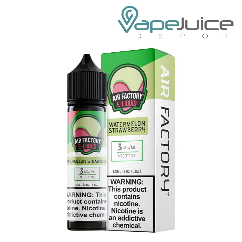 A 60ml bottle of Watermelon Strawberry Air Factory 3mg and a box with a warning sign next to it - Vape Juice Depot