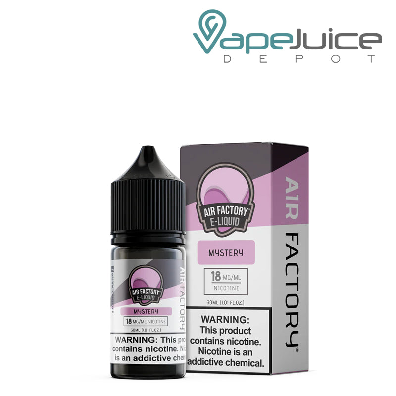 A 30ml bottle of Mystery Air Factory Salts 18mg and a box with a warning sign next to it - Vape Juice Depot