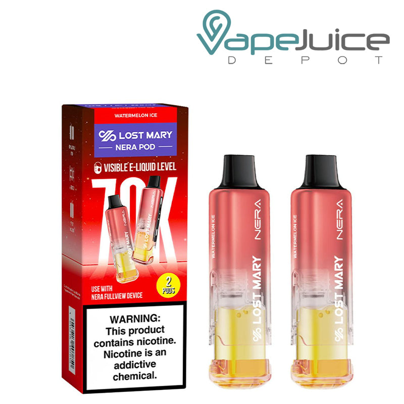 A box of Watermelon Ice Lost Mary Nera Fullview 70K Disposable Pods with a warning sign and 2 pods next to it – Vape Juice Depot