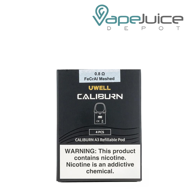 A Box of UWELL Caliburn A3 Replacement Pod 0.8ohm with a warning sign - Vape Juice Depot