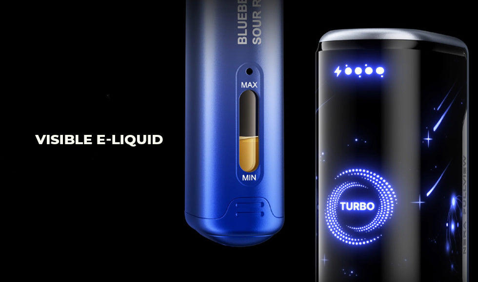blue LOST MARY NERA vape showing a visible e-liquid window and a battery indicator displaying a