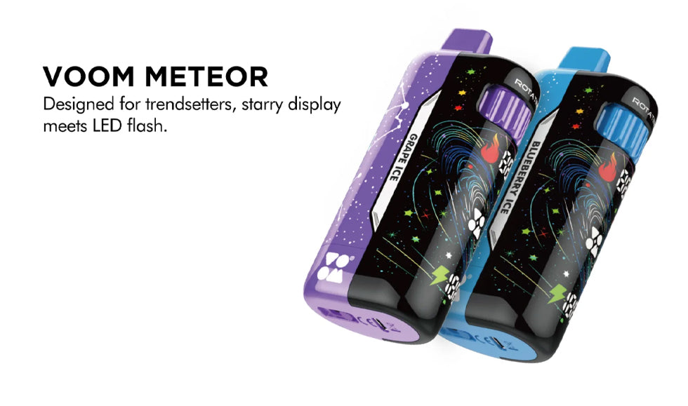 Voom Meteor disposable vapes in Grape Ice and Blueberry Ice flavors with starry outer space-themed artwork and LED-style visual design.